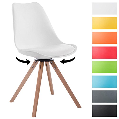 CLP Design Retro-Stuhl TROYES RUND mit Kunstlederbezug und hochwertiger Sitzfäche | 360° drehbarer Stuhl mit Schalensitz und massiven Holzbeinen | In verschiedenen Farben erhältlich Weiß, Holzgestell Farbe natura, Form rund
