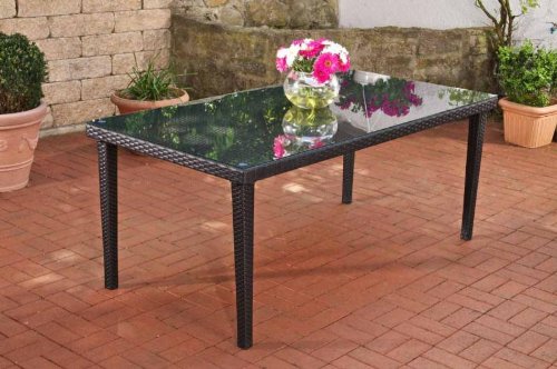 CLP Poly-Rattan Garten-Tisch BONDY, Esstisch 180 x 90 x 75 cm, mit Glasplatte, ideal für 6 Stühle, bis zu 3 Farben wählbar Schwarz