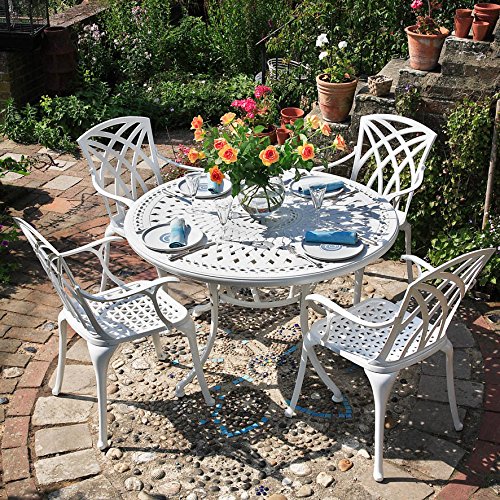 Weißes Alice 120cm Rundes Aluminium Gartenmöbelset - 1 Weißer ALICE Tisch + 4 Weiße APRIL Stühle