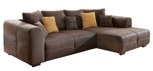 Cavadore 503 Ecksofa Love Seats / Polster Eck-Couch mit Kissen / In Antik-Leder-Optik mit nussbaumfarbenen HolzfÃ¼ÃŸen / 285x69x170 (B x H x T) / Braun