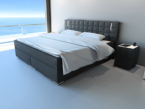 XXS® Möbel | Boxspringbett Buffalo | 180 x 200 cm | Stoffbezug in Grau | Wellness und Entspannung beim Schlafen | Inklusive Matratzen & LED