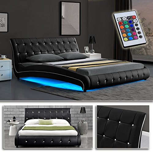 VEGAS Schwarz Doppelbett Polsterbett LED Unterbodenbeleuchtung Bett (140cm x 200cm)