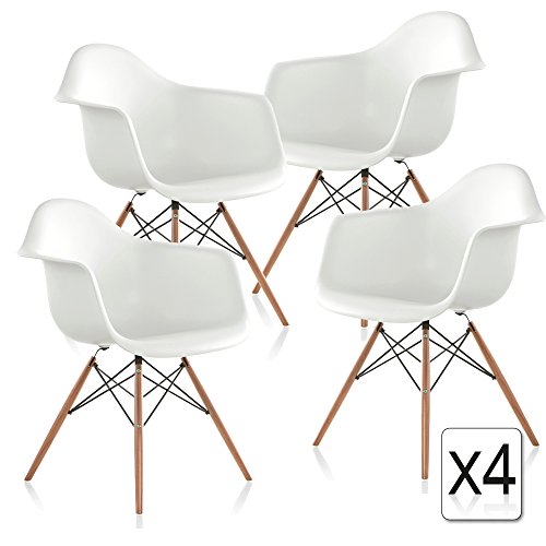 VERKAUF! 4 x Design-Stuhl Eiffel Stil Natural Wood Beine und Sitz Farbe Weiß Mobistyl® DAWL-WH-4
