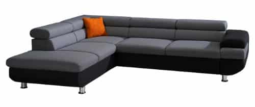 Cavadore Ecksofa Caponelle mit Bett und Bettkasten / Moderne zweifarbige Couch inkl. Kopfstützen / 267 x 72 x 226 cm (BxHxT) / Strukturstoff schwarz - grau