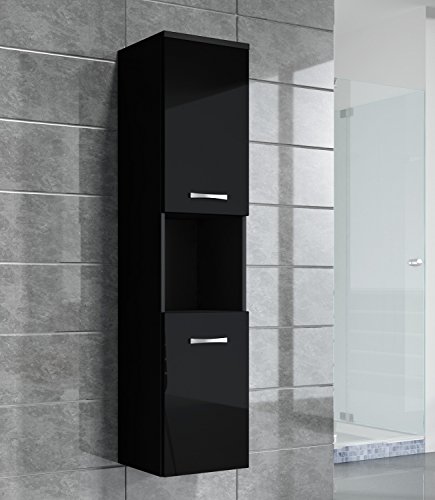 Badezimmer Schrank Montreal 131 cm Schwarz Hochglanz Fronten – Regel Schrank Hochschrank Schrank Möbel