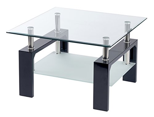 ts-ideen Design Wohnzimmer Couch Glastisch Glas Beistell-Tisch Edelstahl Holz Hochglanz Schwarz + 8 mm ESG Sicherheitsglas mit Ablage ts-ideen Design Wohnzimmer Couch Glastisch Glas Beistell-Tisch Edelstahl Holz Hochglanz Schwarz + 8 mm ESG Sicherheitsglas mit Ablage