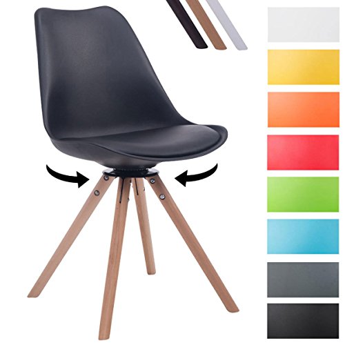 CLP Design Retro-Stuhl TROYES RUND, Kunststoff-Lehne, Kunstleder-Sitz, drehbar, gepolstert Schwarz, Holzgestell Farbe natura, Form rund