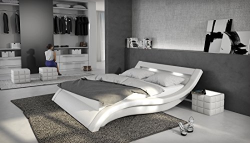 Polsterbett 180x200 cm weiß aus Kunstleder mit LED-Beleuchtung | Loox | Designer-Doppelbett in Leder-Optik made in EU