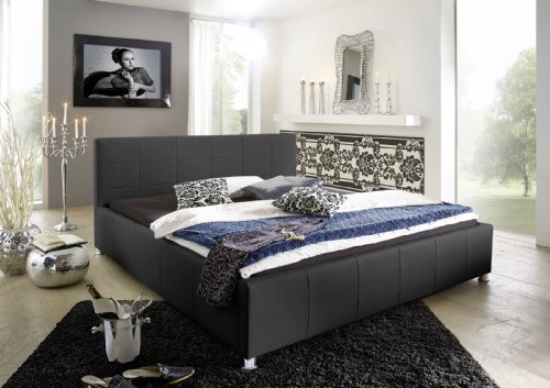SAM® Design Polsterbett Katja, schwarz, pflegeleichtes Bett aus Kunstleder, abgestepptes Kopfteil, Chrom-Füße, gepolstertes Designer-Bett, 100 x 200 cm