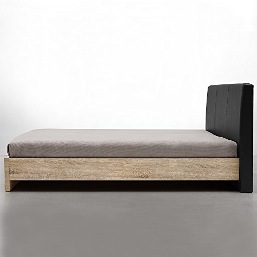 [en.casa] Design Polsterbett "Skandinavia" (140x200cm)(Furnier - Eiche Natur | Polster schwarz) modernes Bett / Kunst-Leder / mit Stecklattenrost /