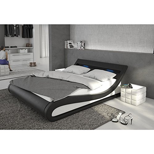 Polster-Bett 140x200 cm schwarz-weiß aus Kunstleder mit LED-Beleuchtung | Bellugia | Das Kunst-Leder-Bett ist ein Designer-Bett | Doppel-Betten 140 cm x 200 cm mit Lattenrost in Leder-Optik, Made in EU