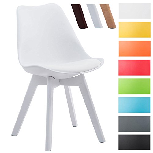 CLP Design Retro Stuhl BORNEO V2, Besucherstuhl mit Holzgestell, Materialmix aus Kunststoff und Kunstleder Weiß, Gestellfarbe: weiß