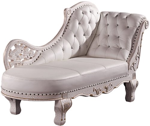Designer ECHTLEDER Chaiselongue Leder Chesterfield WEISS oder GOLD Barock Recamiere Relaxliege Lounge Couch Sofa aus Holz Eiche