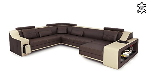 Leder Couch Sofa braun / beige U-Form XXL Wohnlandschaft Ledersofa Ledercouch Ecksofa mit LED-Licht Beleuchtung BERLIN
