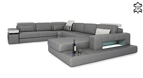 Ledersofa XXL Wohnlandschaft Leder Couch Sofa Ledercouch Eckcouch Designsofa U-Form mit LED-Licht Beleuchtung AUGSBURG