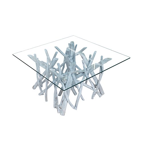 Massiver Teakholz Couchtisch DRIFTWOOD markant grau mit Glasplatte eckig Glastisch Holztisch Beistelltisch Massivholz