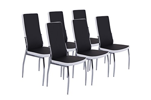 Cavadore Stuhl 6-er Set Mattis / Stühle ohne Armlehne in modernem Design / Lederimitat / Stühle Schwarz Weiß / 54 x 44 x 101 cm (T x B x H)