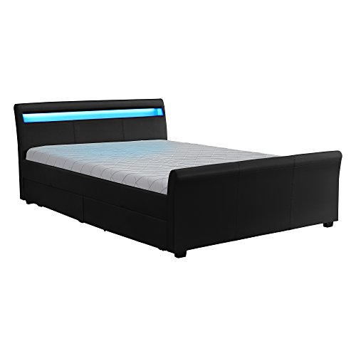 Corium LED Polsterbett 'Sevilla' (schwarz)(140x200cm) Bett mit 4 Schubladen / PU-Kunstleder / mit Stecklattenrost - mit Kunst-Leder / Kunstlederbezug