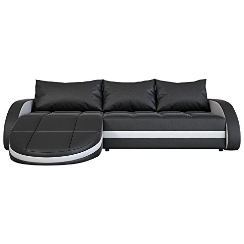Eck-Sofa schwarz-weiß in Leder-Optik: Edle Designer Couch mit LED, großer 3 Sitzer, 265 cm breit, Leder-Sofa mit 156 cm tiefer Recamiere / Ottomane, links & rechts montierbar | Wohnlandschaft | Made in EU