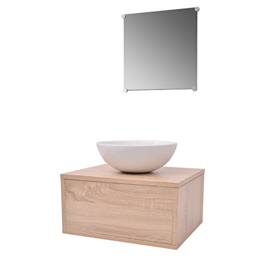 vidaXL 3-tlg. Badmöbel Set Waschbecken Waschtisch Unterschrank Spiegel Badezimmer Beige