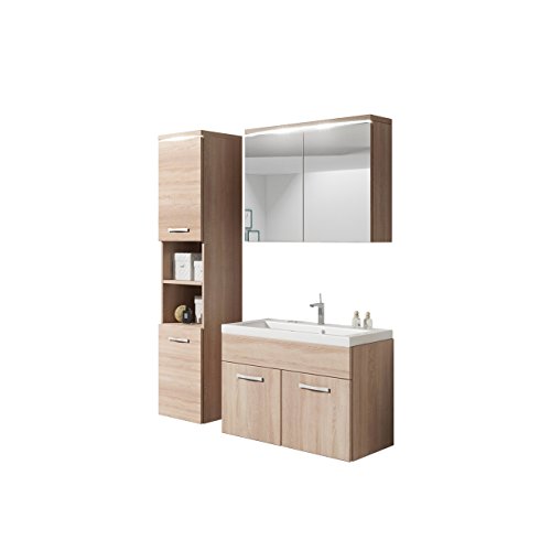 Badmöbel Set Paso mit Waschbecken und Siphon, Modernes Badezimmer, Komplett, Spiegelschrank, Waschtisch, Hochschrank, Hängeschrank Möbel