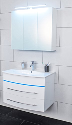 SAM® 2tlg. Design Badmöbel-Set, 80 cm, Hochglanz weiß, LED-Beleuchtung in Blau, Bad-Set mit Softclose-Funktion, 1 Waschplatz mit Keramikbecken und 1 Spiegelschrank