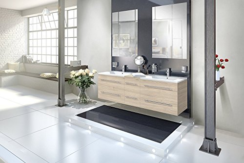 SAM® Badmöbel-Set 3-tlg, Sonoma-Eiche, Softclose Badezimmermöbel, Doppelwaschplatz 150 cm Mineralgussbecken, zwei Spiegel