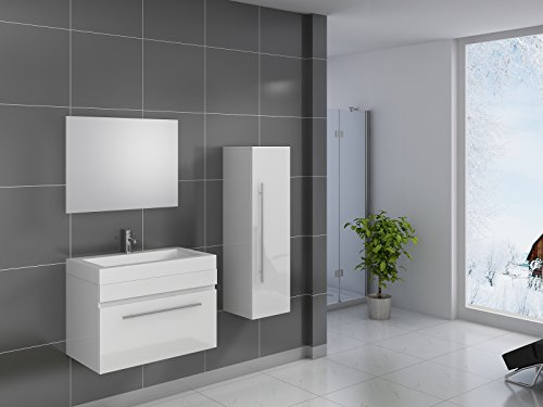 SAM® Design Badmöbel-Set Lunik 3tlg, 80 cm, hochglanz weiß, mit Mineralguss-Waschbecken, Softclose-Funktion, Badezimmer mit Waschplatz, Spiegel und Hochschrank