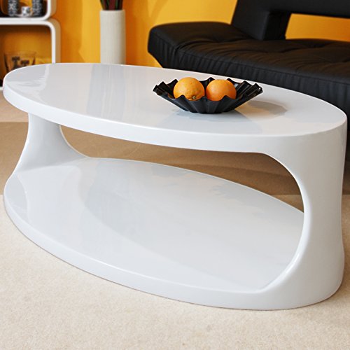 Couch-Tisch weiß Hochglanz 120x60 cm aus Fiberglas recht-eckig | Lanost | Schlichter Lounge-Tisch im Retro-Look | Wohnzimmer-Tisch weiss in unkonventioneller Form 120cm x 60cm