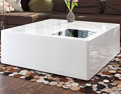 Couch-Tisch weiß Hochglanz aus MDF 100x100cm quadratisch | Blox | Moderner Wohnzimmer-Tisch weiss mit Schwarzglas 100cm x 100cm