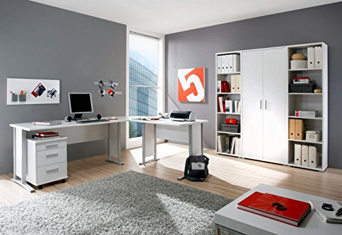 Büro komplett Arbeitszimmer komplette Büroeinrichtung 7-tlg in Weiß, Eckschreibtisch mit Kabeldurchlässen, 22mm starken Tischplatten, Gesamtarbeitsfläche 220 x 170 cm
