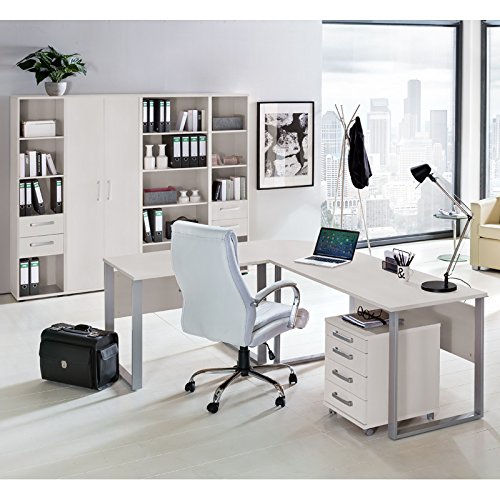 Komplett Büromöbel Set in lichtgrau ● Schreibtische mit Metallkufen-Gestell ● Rollcontainer, Aktenschränke und Aktenregale ● Made in Germany