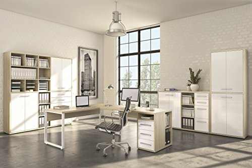 Komplettes Arbeitszimmer - Büromöbel Komplett Set Modell 2016 MAJA SET+ in Eiche Natur / Weißglas (SET 1)
