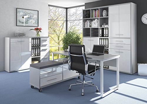 Komplettes Arbeitszimmer - Büromöbel Komplett Set Modell 2017 MAJA SET+ in Platingrau / Weißglas (SET 6)