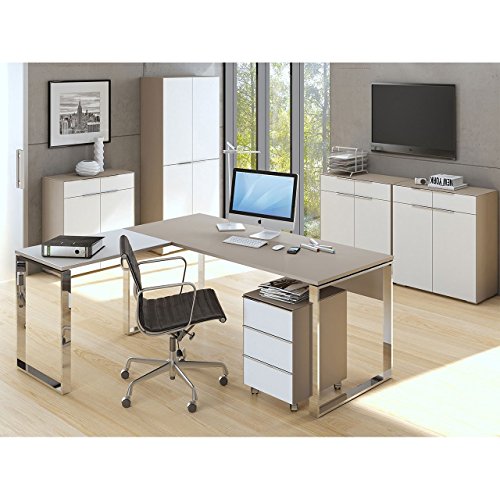 Komplettes Arbeitszimmer - Büromöbel Komplett Set Modell MAJA YAS in Glas sand matt / Weißglas 7-teilig (SET 1) -auch in anderen Kombinationen sofort verfügbar