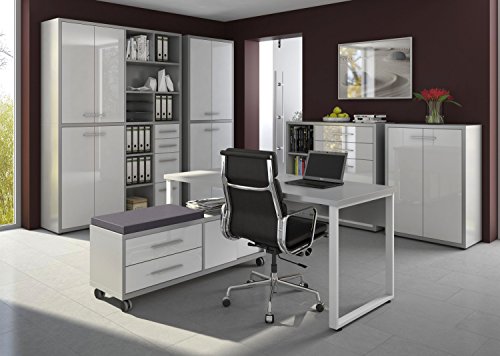 Komplettes Arbeitszimmer - Büromöbel Komplett Set Plus Modell 2017 MAJA SET+ in Platingrau / Weißglas (SET 7)