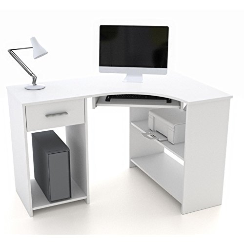 Schreibtisch Eckschreibtisch PC Tisch SILVIA in weiß mit Tastaturauszug und Schublade, 117x74x78 cm