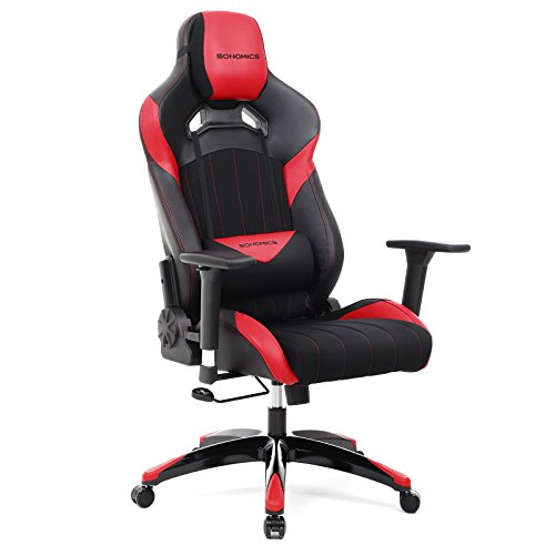Songmics Bürostuhl Gaming Stuhl Chefsessel ergonomisch mit 3D Armlehnen, Kopfkissen Lendenkissen 66 x 72 x 124-132 cm schwarz-rot RCG23R