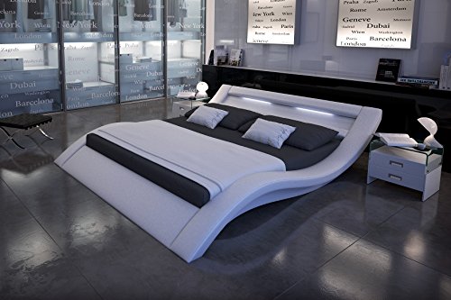 SAM LED-Polsterbett 160x200 cm Look, weiß, Bett aus Kunstleder, LED - Beleuchtung im Kopfteil, geschwungene Optik, als Wasserbett geeignet