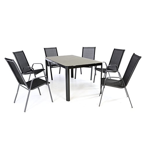 7-teiliges Gartenmöbel-Set – Gartengarnitur Sitzgruppe Sitzgarnitur aus Stapelstühlen & Spray-Stone-Glastisch – Aluminium Kunststoff Glas – schwarz grau