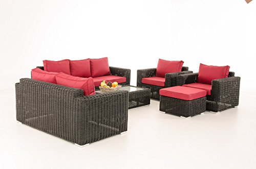 Mendler 3-2-1-1 Sofa-Garnitur CP050 Lounge-Set Gartengarnitur Poly-Rattan ~ Kissen Rubinrot, Schwarz