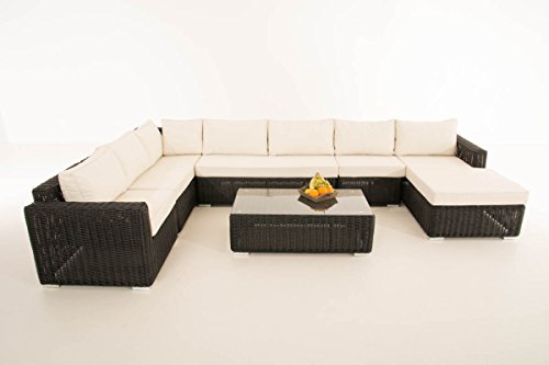 Mendler Sofa-Garnitur CP054, Lounge-Set Gartengarnitur, Poly-Rattan ~ Kissen Creme, Schwarz