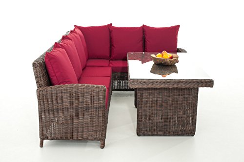 Mendler Sofa-Garnitur CP056, Lounge-Set Gartengarnitur, Poly-Rattan ~ Kissen Rubinrot, Braun-Meliert
