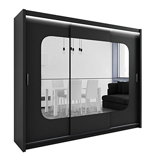 Kleiderschrank mit Spiegel und LED-Beleuchtung Barcelona, Modernes Schwebetürenschrank, 250 x 215 x 61 cm, Schiebetür, Schlafzimmerschrank, Schlafzimmer