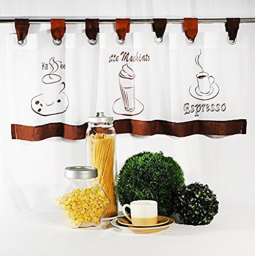 Moderne Kaffee - Gardine " COFFEE - TIME " mit Schlaufen, Kurzstore, weißes Voile mit drei typischen Kaffee-Motiven bestickt - (ca H/B 40 x 120 cm) - Neu - auch eine schöne Geschenkidee - Bistrogardine Scheibengardine