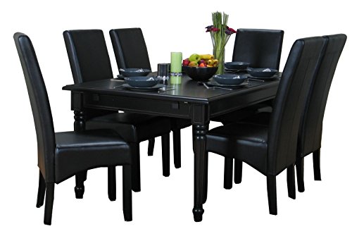 7 tlg. Essgruppe"Amaretta",280/180x100 cm, Massivholz, schwarz lackiert, inkl. 6 x Pu Leder Stühle schwarz