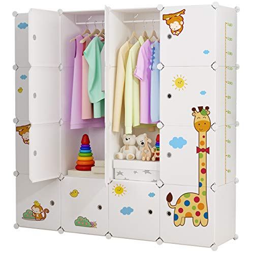 Koossy Erweiterbares Kinderregal Kinder Kleiderschrank mit Giraffe Aufkleber für Kinderzimmer (Weiß, 16Türen)