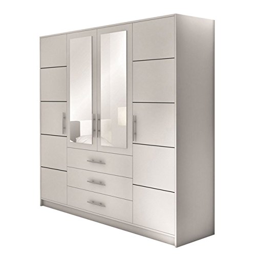 Mirjan24  Drehtürenschrank Bado 4D, Kleiderschrank mit Spiegel, Schubladen und Spiegeltüren, Elegantes Schlafzimmer Schrank, Jugendzimmer (Weiß)