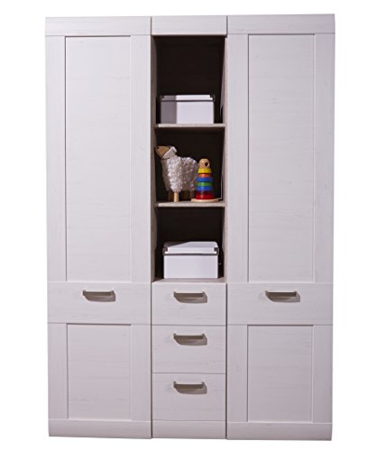 trendteam Babyzimmer Kleiderschrank Schrank Landi, 130 x 195 x 54 cm in Pinie Weiß Struktur, Absetzung Pinie Dunkel (Nb.) im Landhausstil