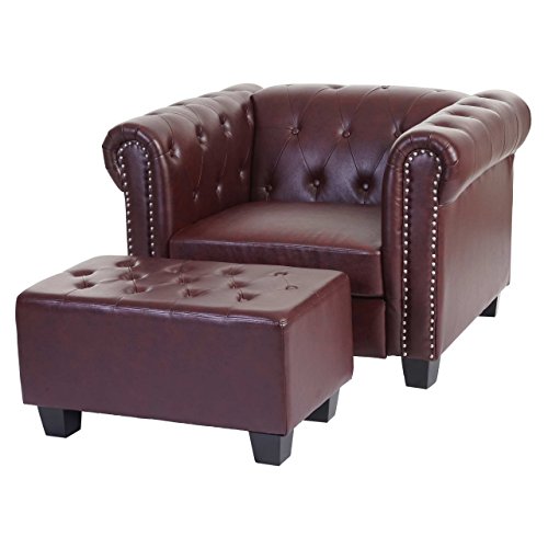 Mendler Luxus Sessel Loungesessel Relaxsessel Chesterfield Kunstleder ~ eckige Füße, rot-braun mit Ottomane